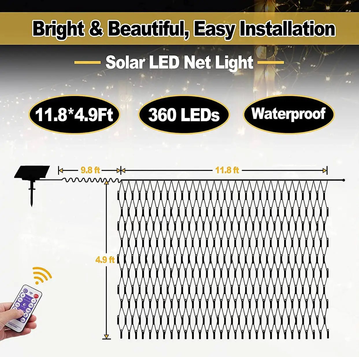 Solar Net Mesh Lights 360 LED with Remote, 11.8Ft x 4.9Ft Fence String Light by Outdoor Solar Outlet