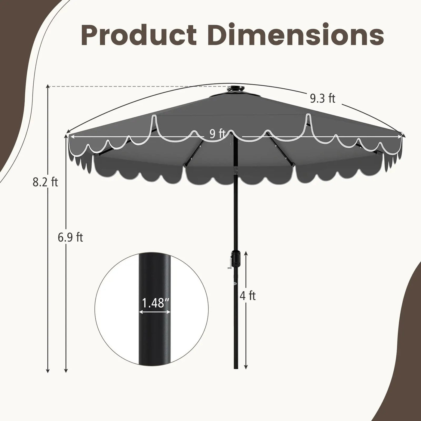 9.3 Feet Solar Patio Umbrella with 24 LED Lights Vented Top and Ruffles-Beige by DirectDeals