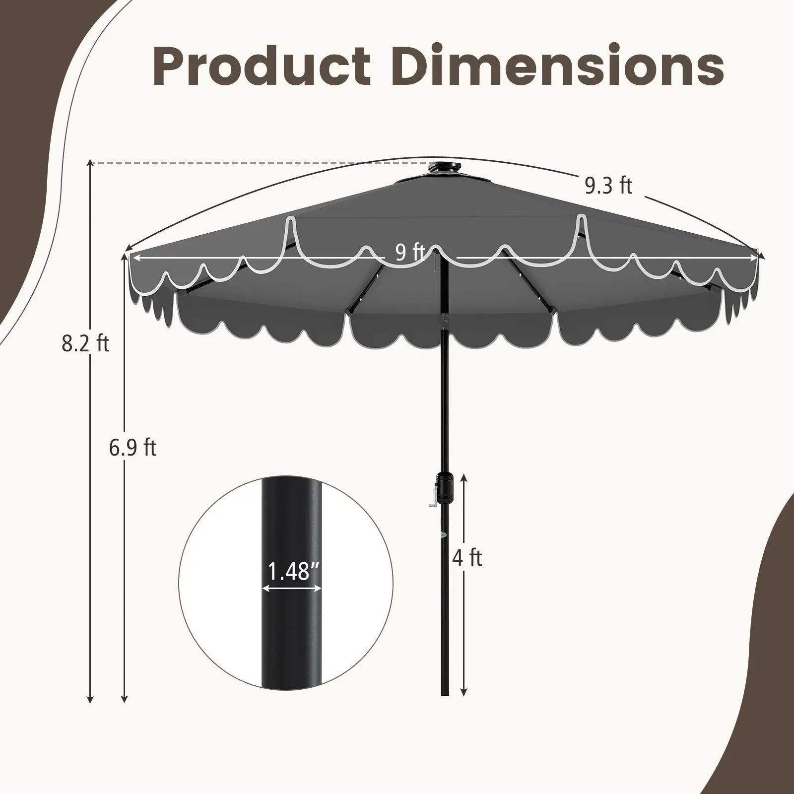 9.3 Feet Solar Patio Umbrella with 24 LED Lights Vented Top and Ruffles-Beige by DirectDeals