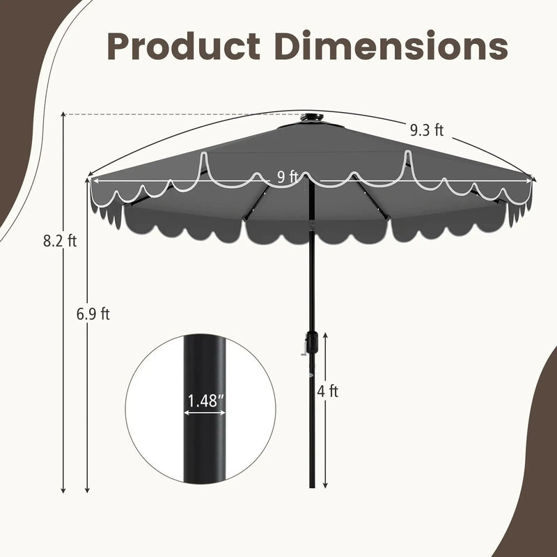 9.3 Feet Solar Patio Umbrella with 24 LED Lights Vented Top and Ruffles-Beige by DirectDeals