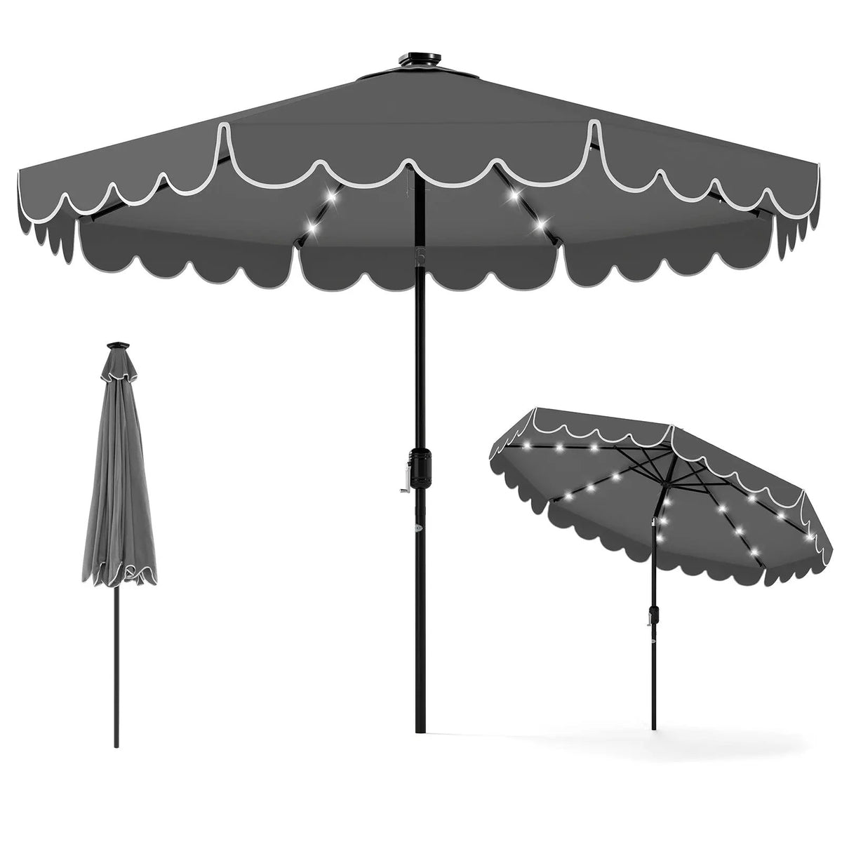 9.3 Feet Solar Patio Umbrella with 24 LED Lights Vented Top and Ruffles-Beige by DirectDeals