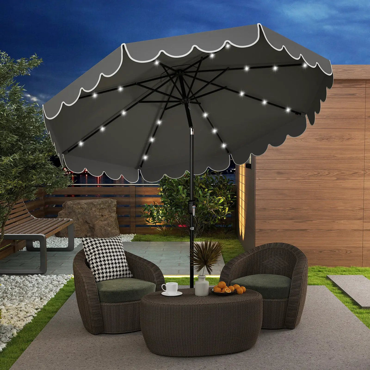 9.3 Feet Solar Patio Umbrella with 24 LED Lights Vented Top and Ruffles-Beige by DirectDeals