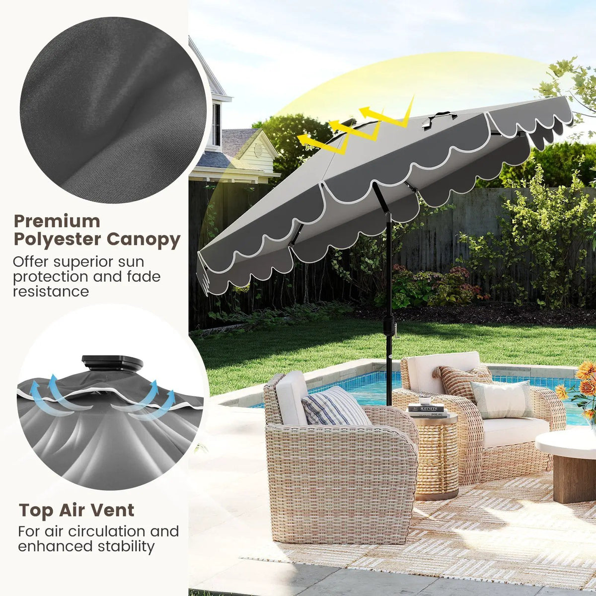 9.3 Feet Solar Patio Umbrella with 24 LED Lights Vented Top and Ruffles-Beige by DirectDeals