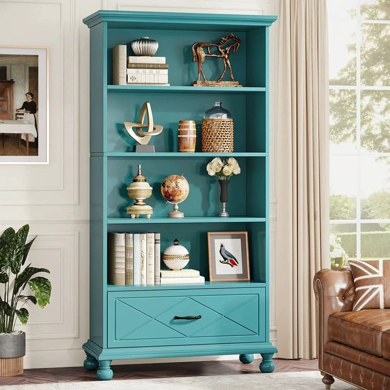 Solid Wood 6-Shelf Bookcase with Drawer, 71 Inch Ocean Blue by House Of Avana