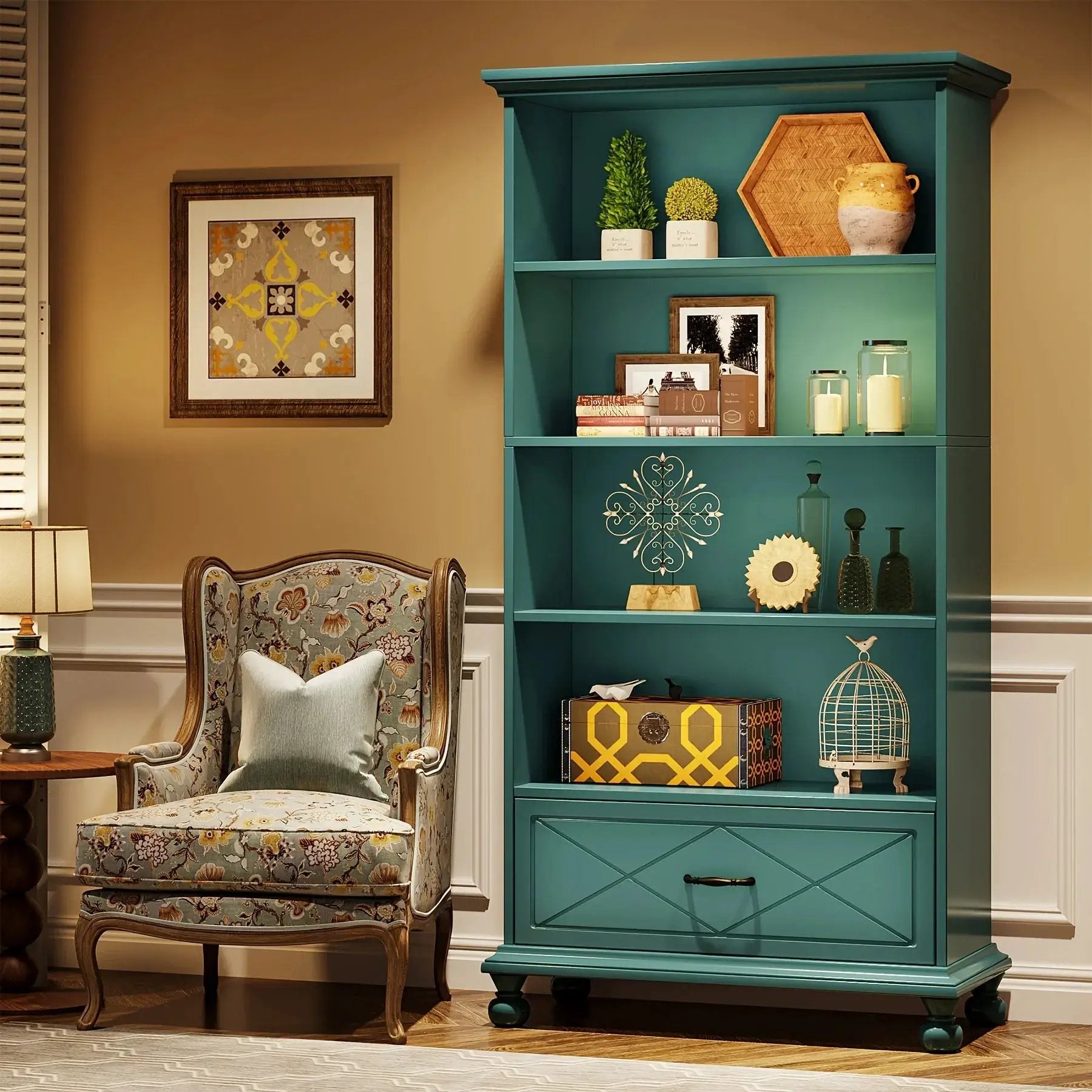 Solid Wood 6-Shelf Bookcase with Drawer, 71 Inch Ocean Blue by House Of Avana