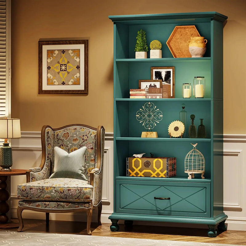 Solid Wood 6-Shelf Bookcase with Drawer, 71 Inch Ocean Blue by House Of Avana