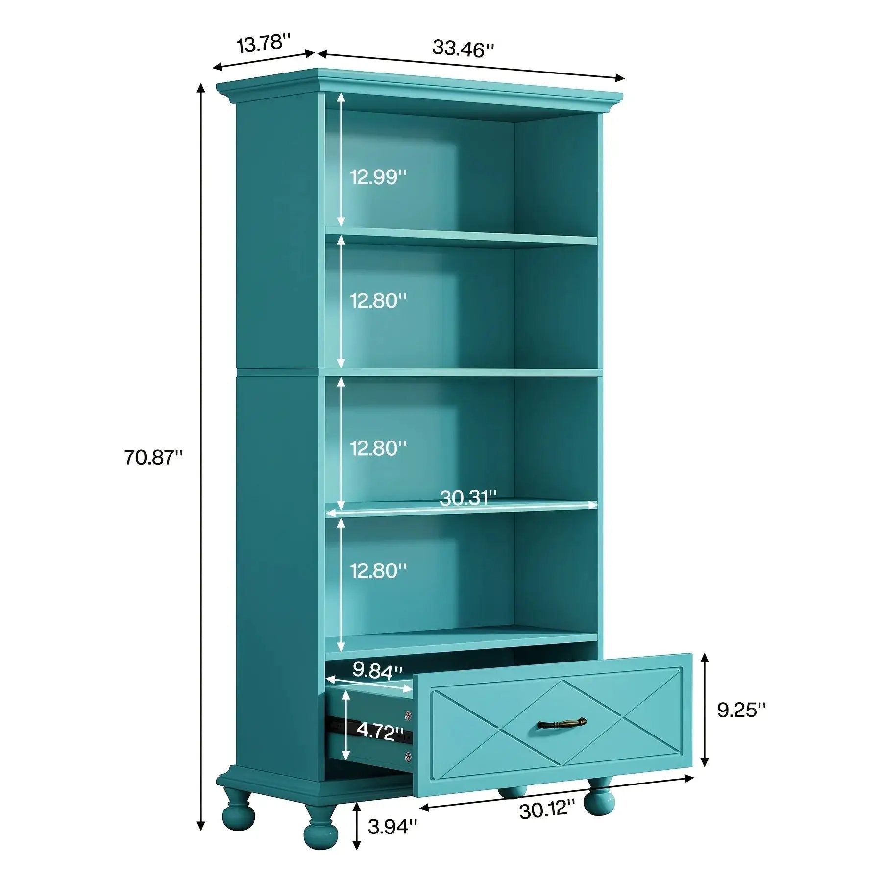 Solid Wood 6-Shelf Bookcase with Drawer, 71 Inch Ocean Blue by House Of Avana
