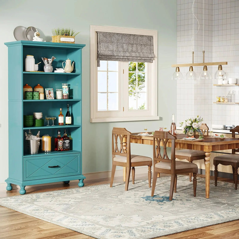 Solid Wood 6-Shelf Bookcase with Drawer, 71 Inch Ocean Blue by House Of Avana