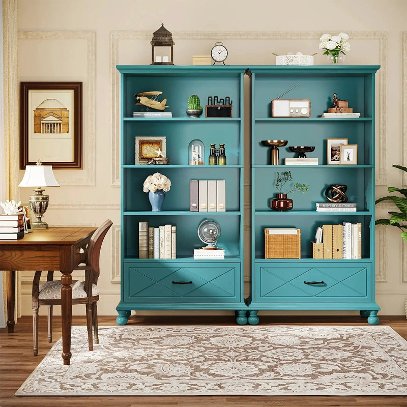 Solid Wood 6-Shelf Bookcase with Drawer, 71 Inch Ocean Blue by House Of Avana