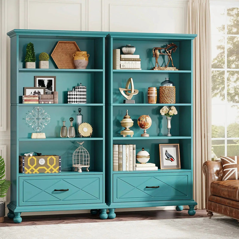 Solid Wood 6-Shelf Bookcase with Drawer, 71 Inch Ocean Blue by House Of Avana