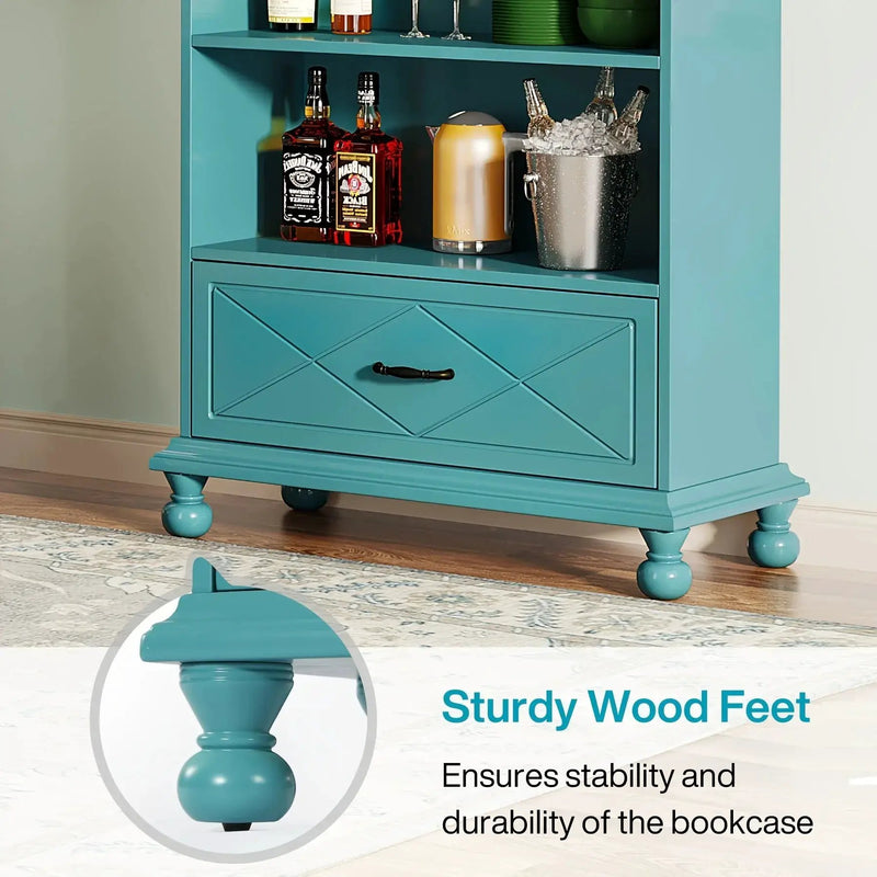 Solid Wood 6-Shelf Bookcase with Drawer, 71 Inch Ocean Blue by House Of Avana