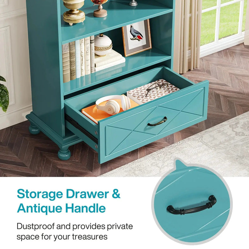 Solid Wood 6-Shelf Bookcase with Drawer, 71 Inch Ocean Blue by House Of Avana