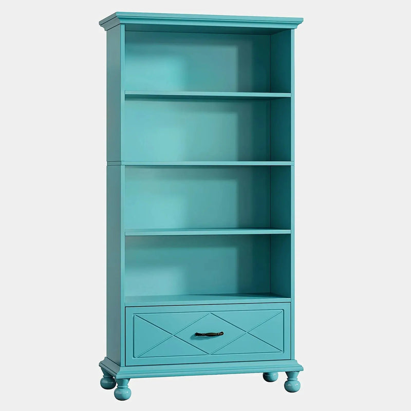 Solid Wood 6-Shelf Bookcase with Drawer, 71 Inch Ocean Blue by House Of Avana