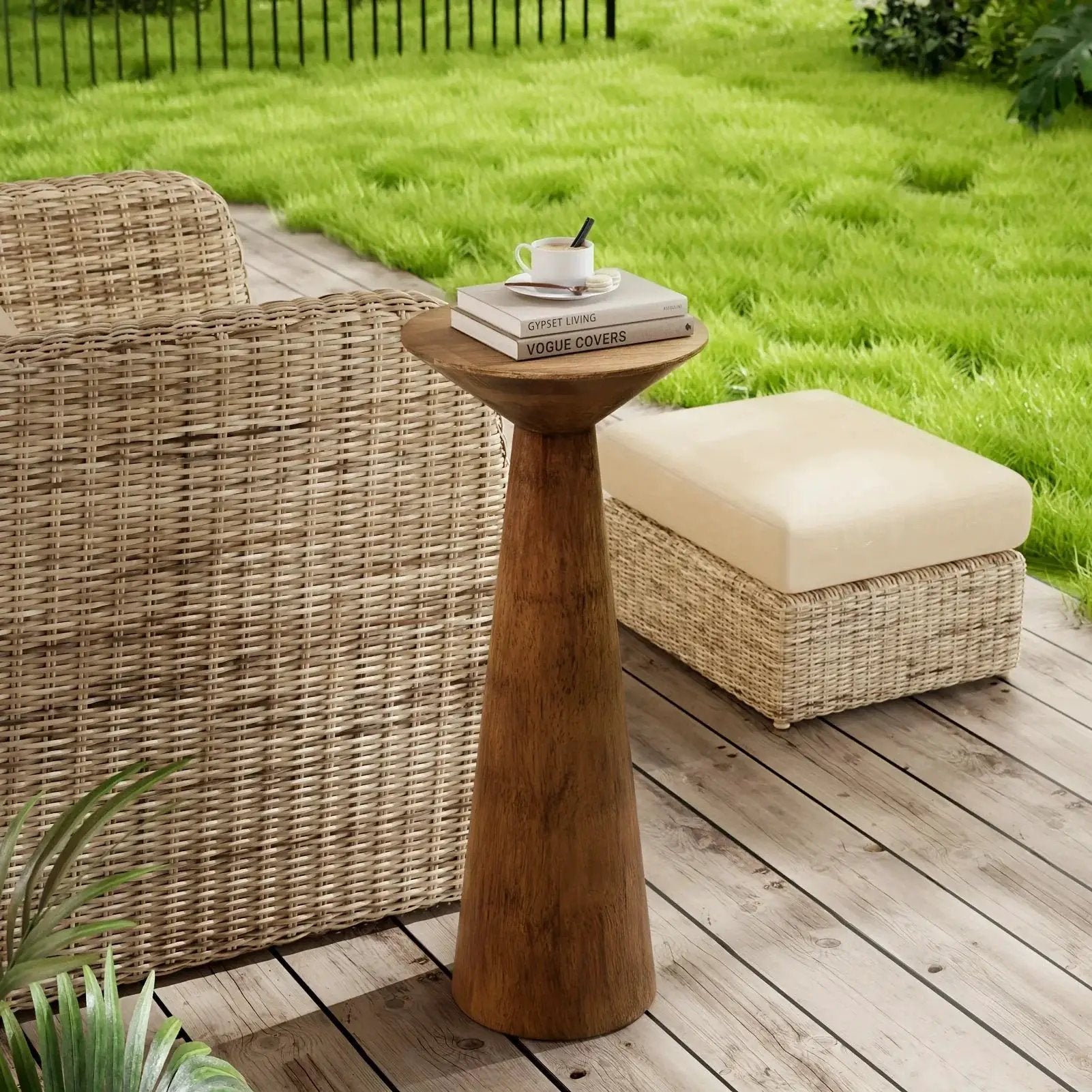 Solid Wood Modern Farmhouse Tall Pedestal End Table with Round Top - Lightweight Sturdy Indoor/Outdoor Accent Table, Walnut Finish, Compact Round Drink Table for Patio, Living Room, Bedroom, Small Space - Durable Wood Constru by House Of Avana