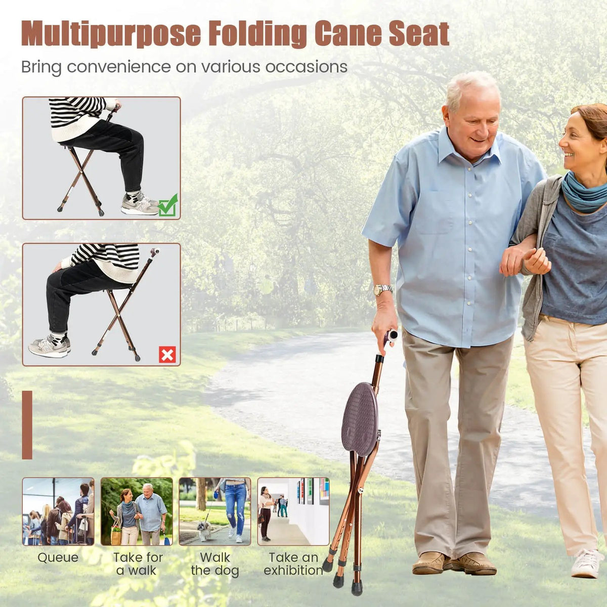 Lightweight Adjustable Folding Cane Seat with Light by DirectDeals