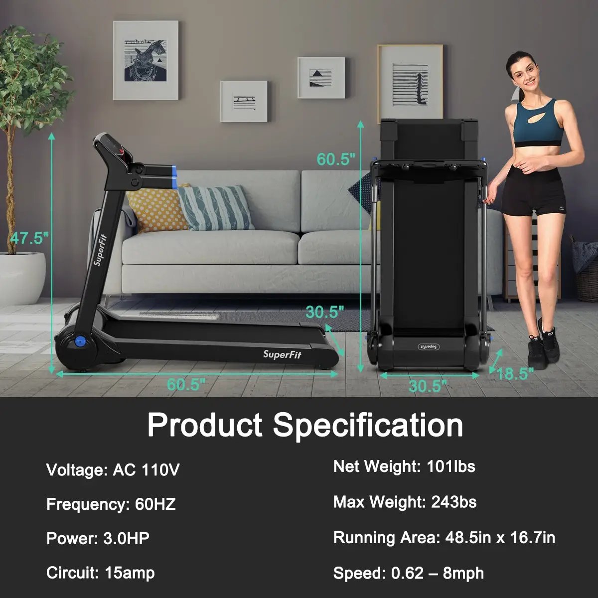3HP Electric Folding Treadmill with Bluetooth Speaker by DirectDeals