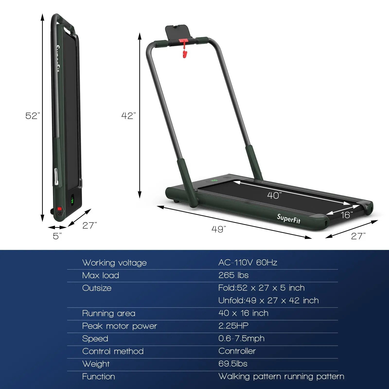 2-in-1 Folding Treadmill with Remote Control and LED Display-Green by DirectDeals