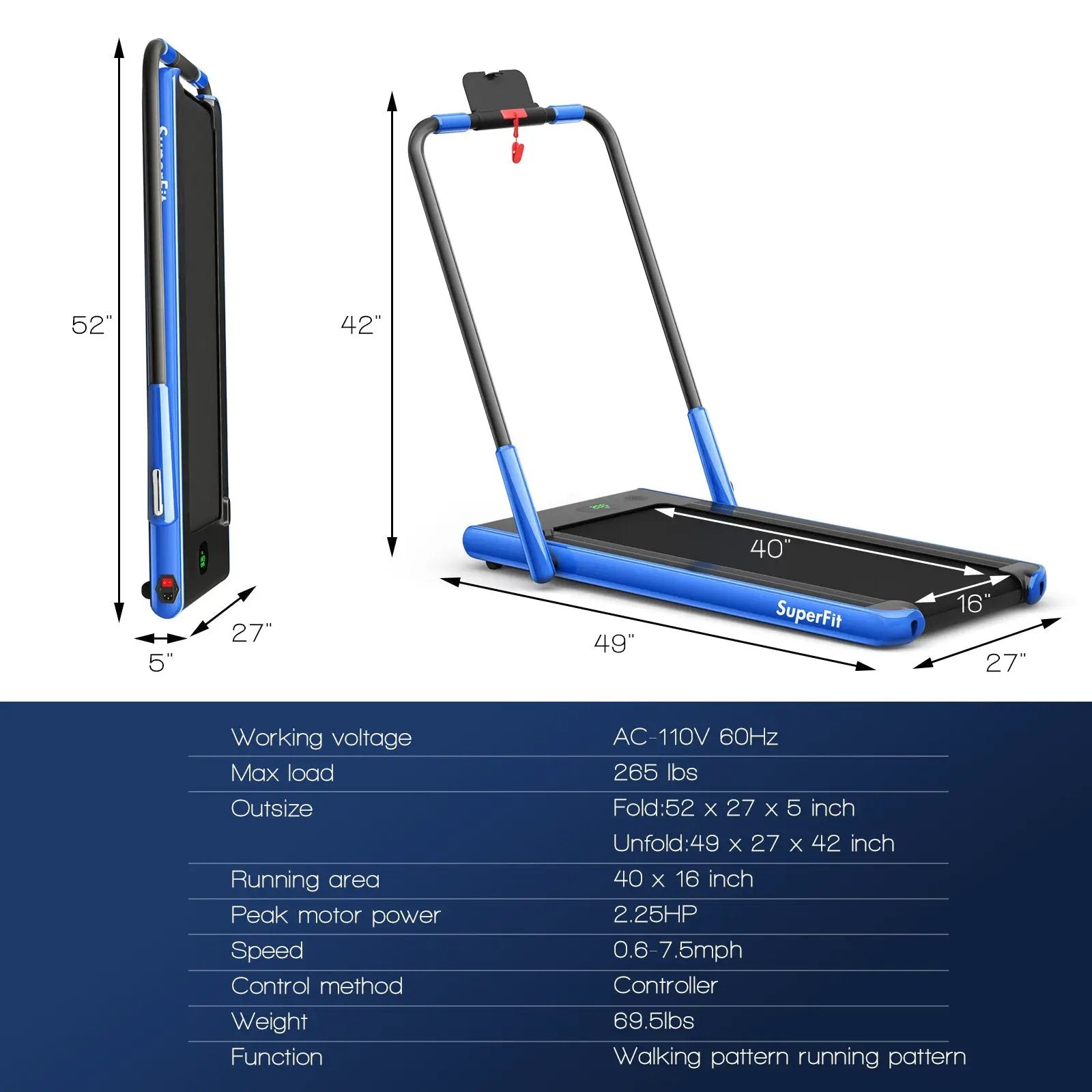 2-in-1 Folding Treadmill with Remote Control and LED Display-Blue by DirectDeals