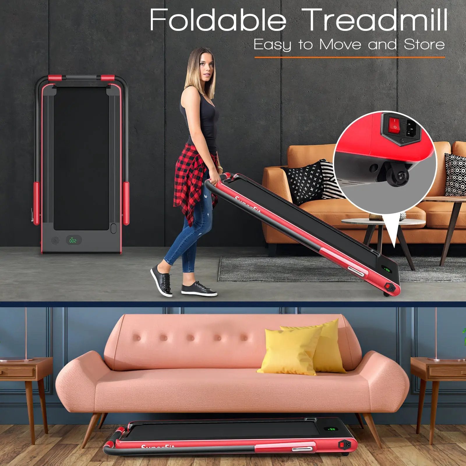 2-in-1 Folding Treadmill with Remote Control and LED Display-Red by DirectDeals