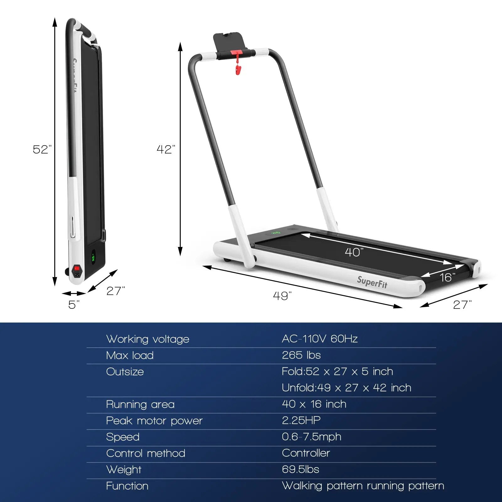 2-in-1 Folding Treadmill with Remote Control and LED Display-White by DirectDeals