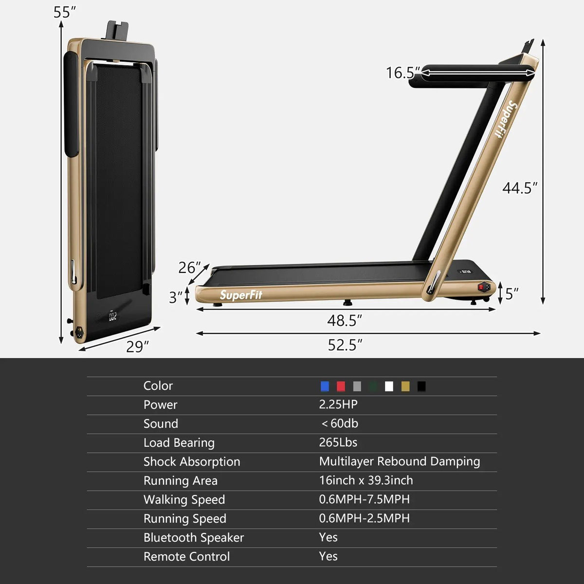 2.25HP 2 in 1 Folding Treadmill with APP Speaker Remote Control by DirectDeals