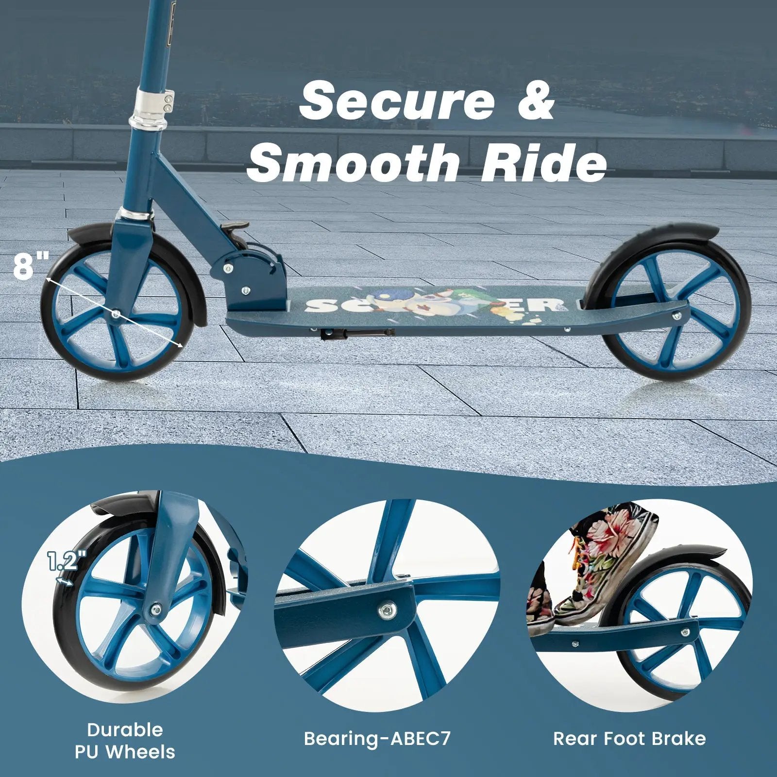 Folding Aluminum Alloy Scooter with 3 Adjustable Heights-Blue by DirectDeals