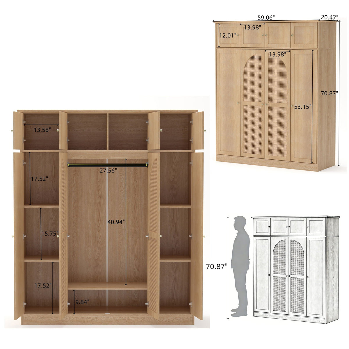 8 Door Armoire Wardrobe with Adjustable Shelves and Hanging Rod - Light Brown or White, photo 3 of 8
