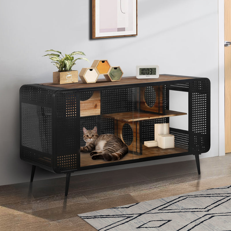 Modern Spacious Cat House with Fir Wood and Iron Frame - Black & Brown, photo 4 of 14