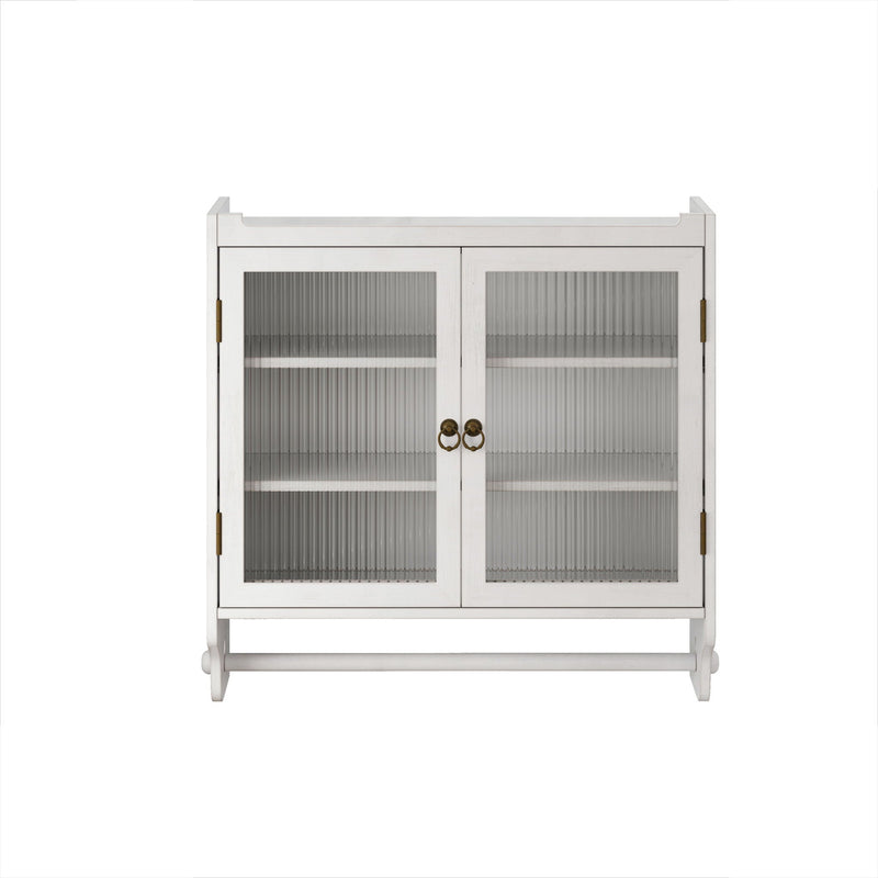 Vintage Double Door Medicine Cabinet with Towel Rack - White Washed