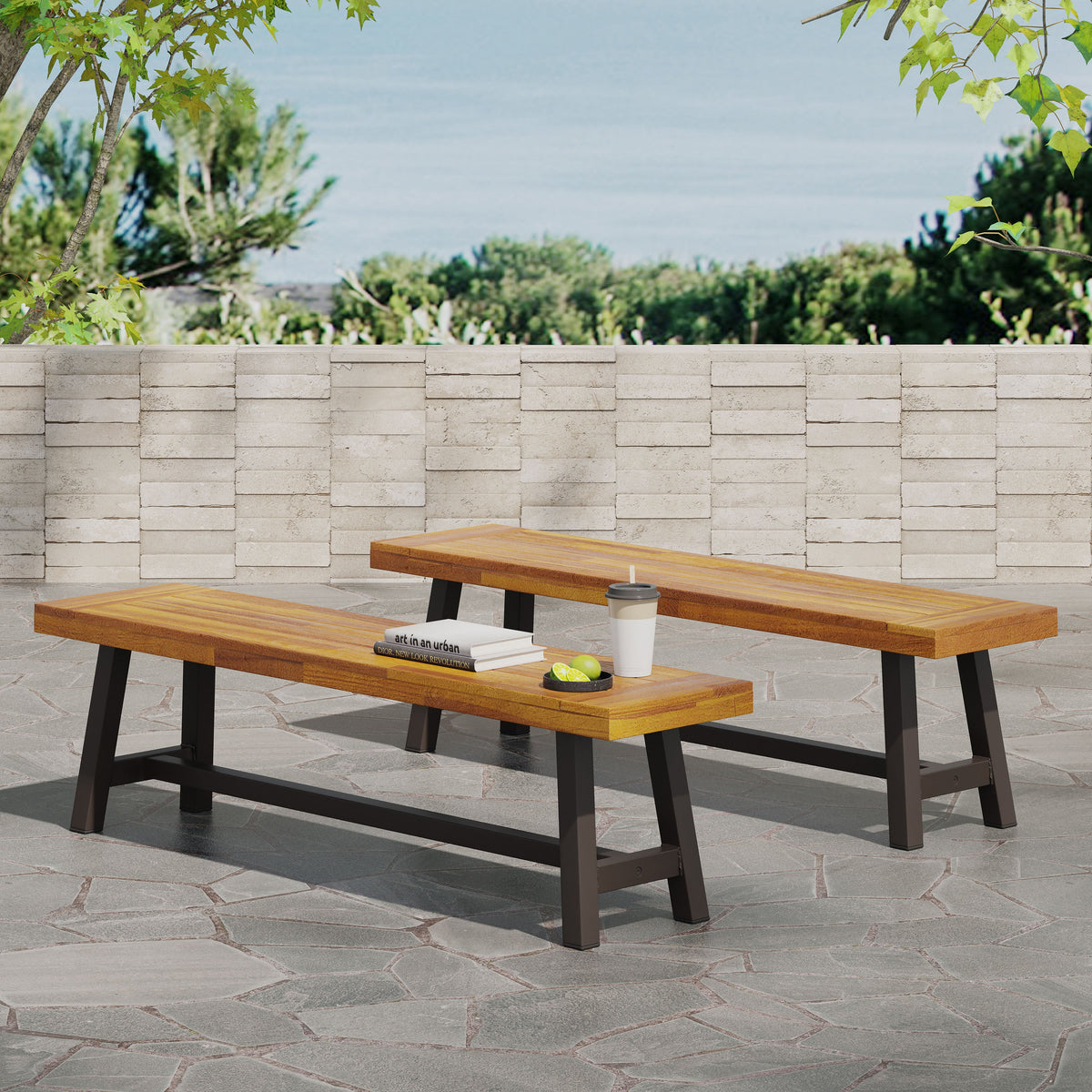 Sandblasted Acacia Wood Outdoor Carlisle Bench - Multiple Colors, photo 3 of 10