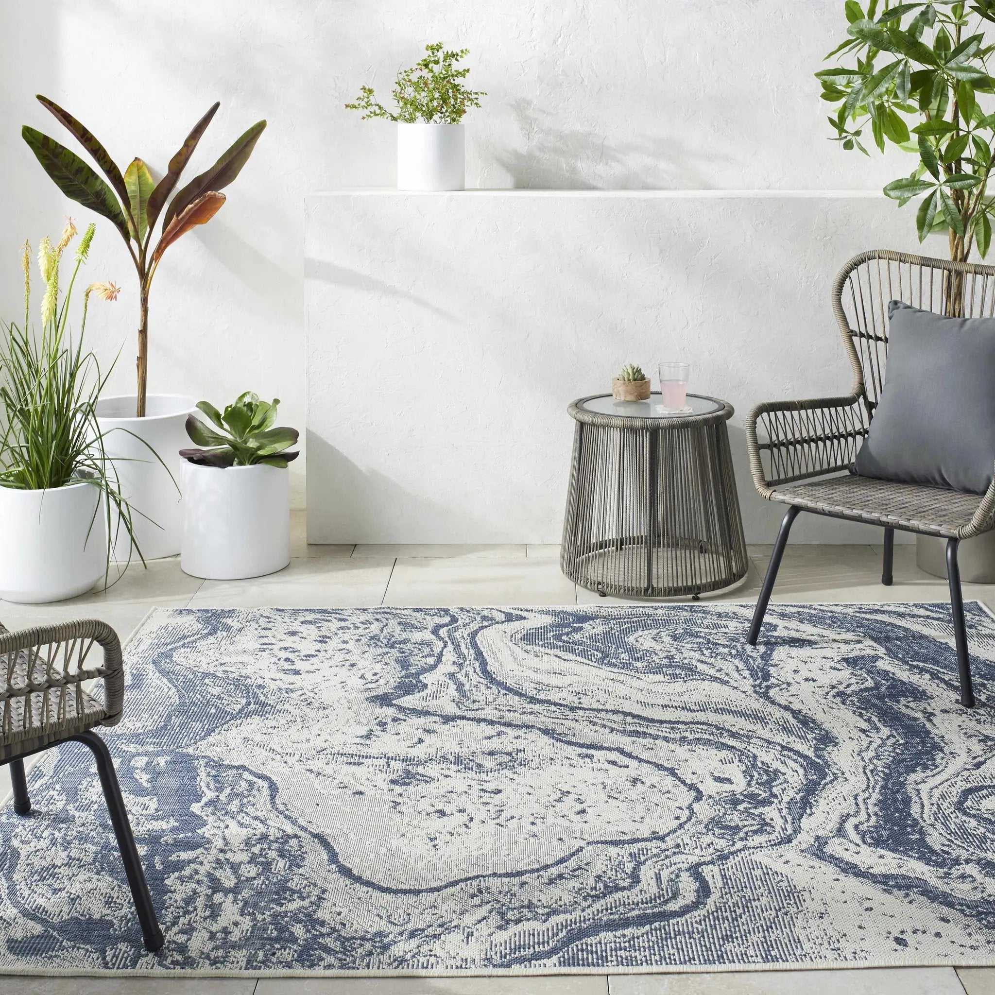 Basma Blue Marble Outdoor Area Rug - Clearance by Boutique Rugs
