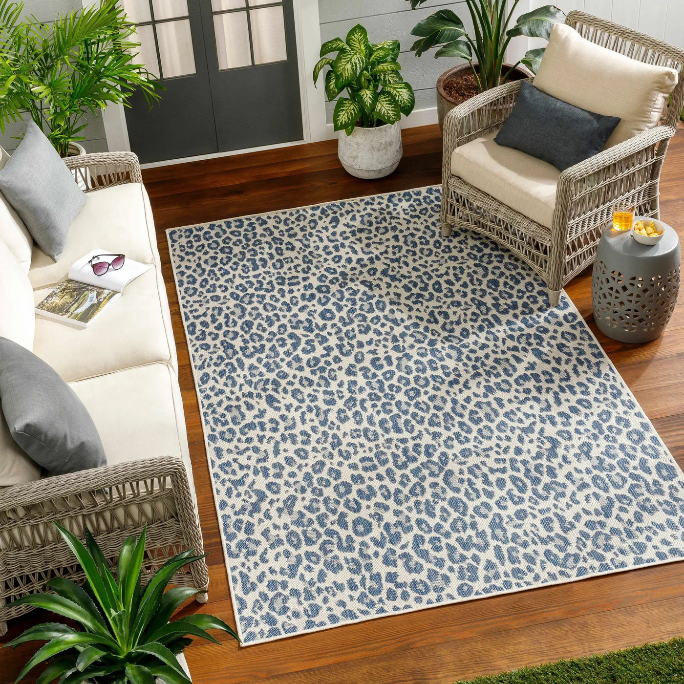 Garbo Blue Leopard Print Outdoor Area Rug - Clearance by Boutique Rugs