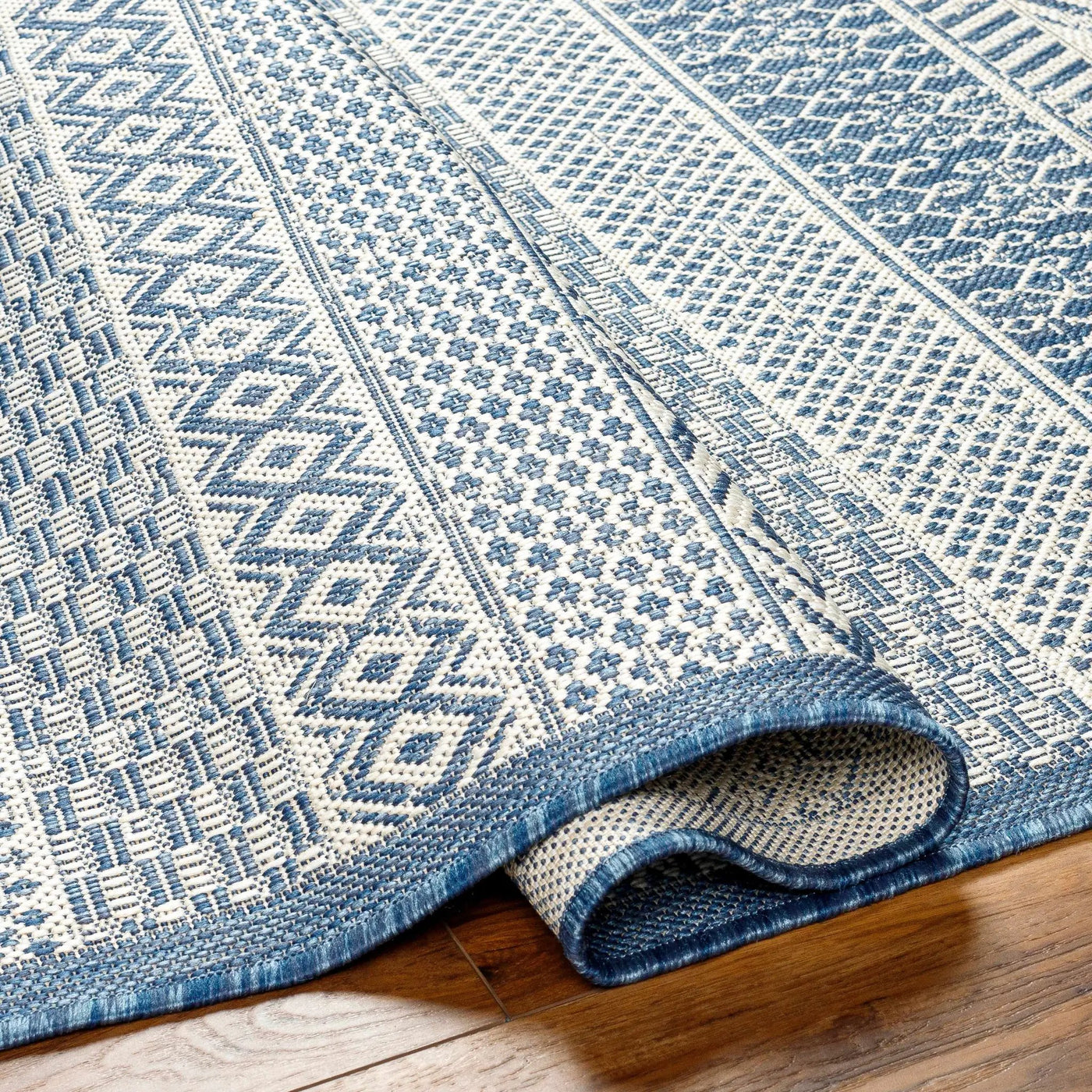 Humla Blue Aztec Outdoor Area Rug - Clearance by Boutique Rugs