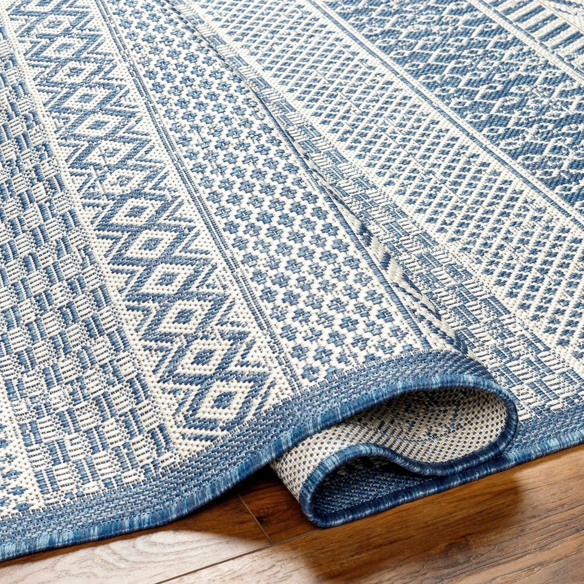 Humla Blue Aztec Outdoor Area Rug - Clearance by Boutique Rugs