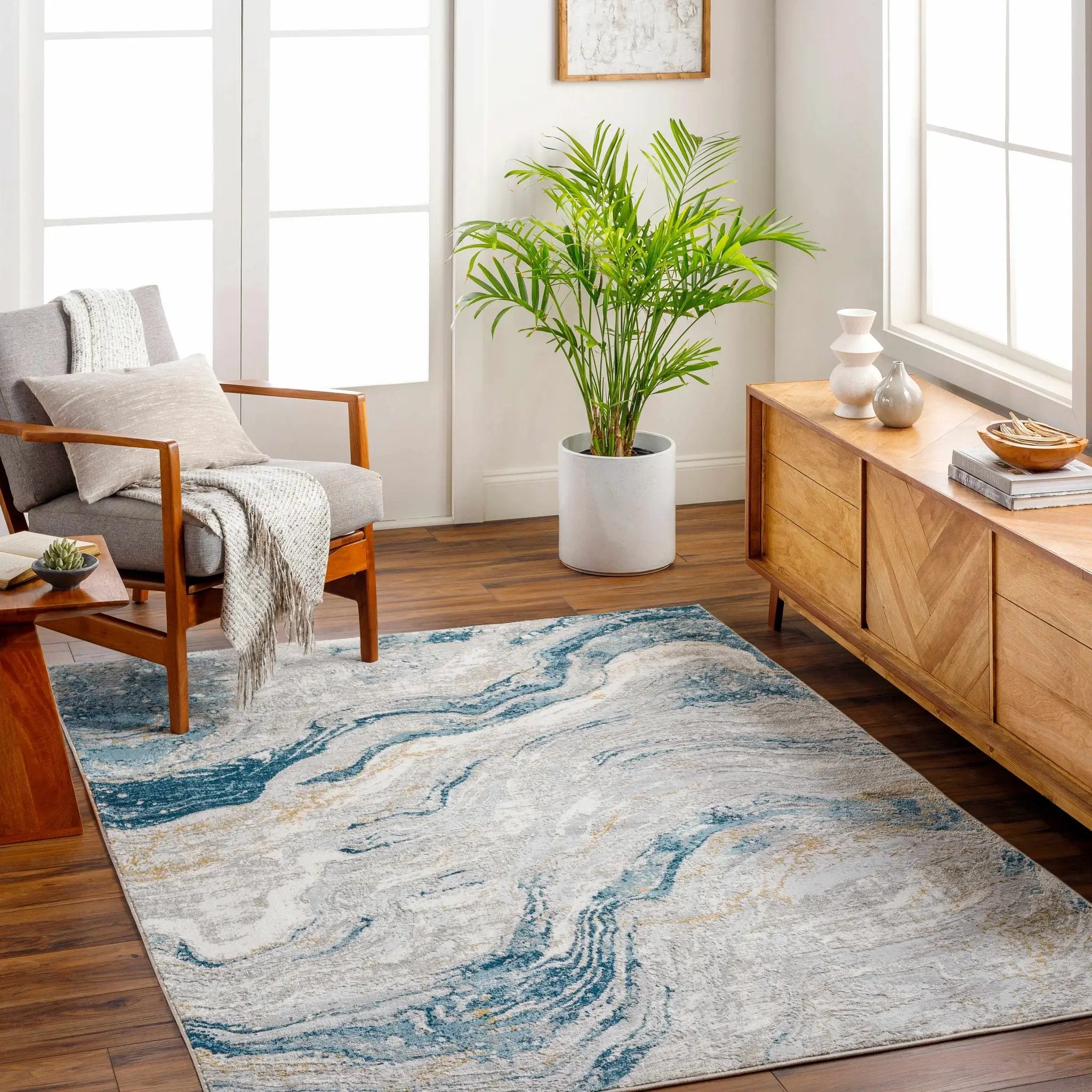 Tess Silver Blue Marble Area Rug - Clearance by Boutique Rugs