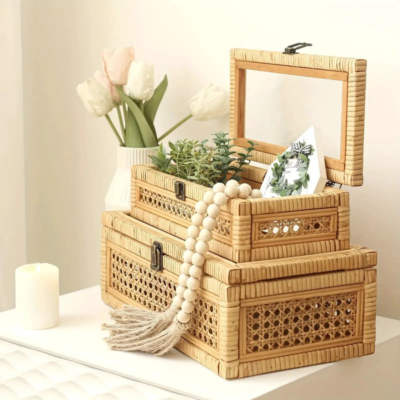 Stacking Boxes - Glass Top Rattan Set by House Of Avana