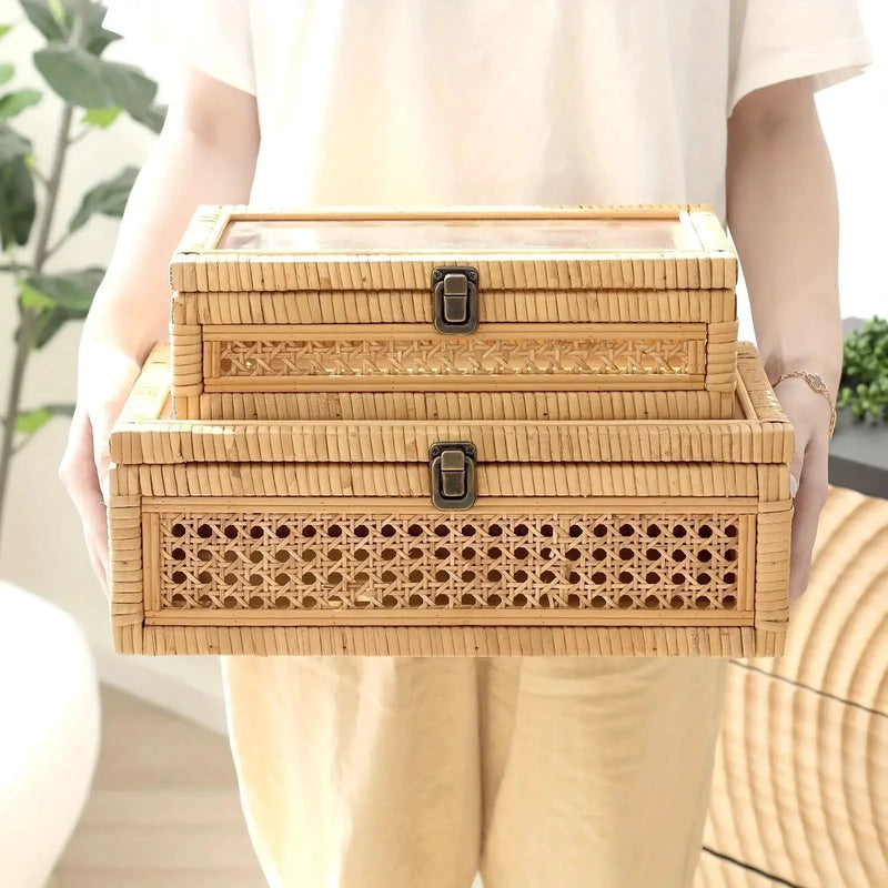 Stacking Boxes - Glass Top Rattan Set by House Of Avana