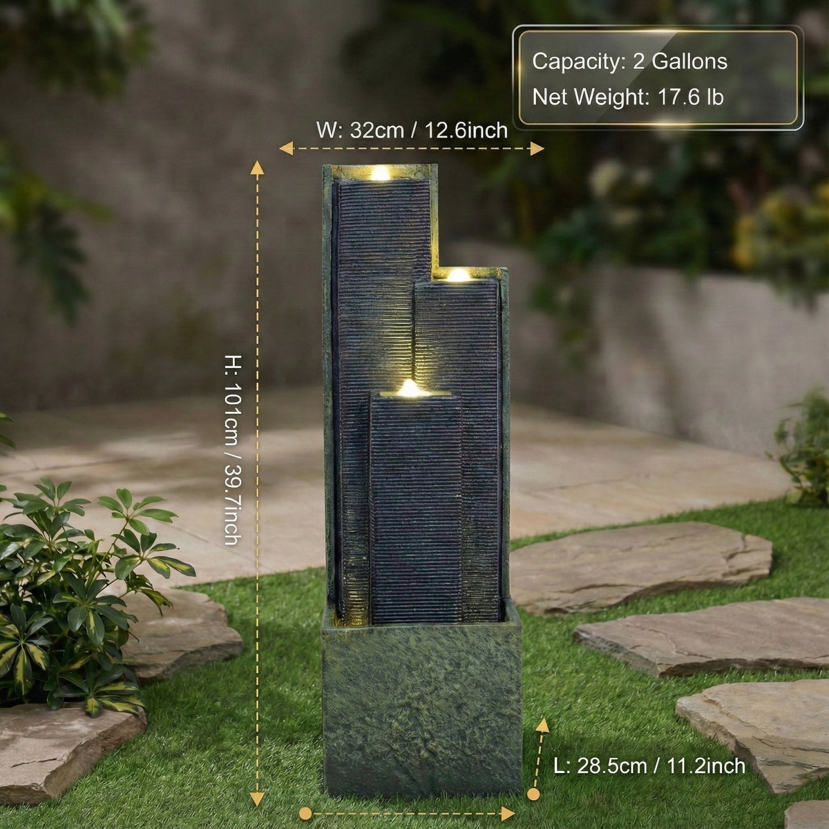 Resin Slate Water Wall Fountain 3 Column Top Lit, detail