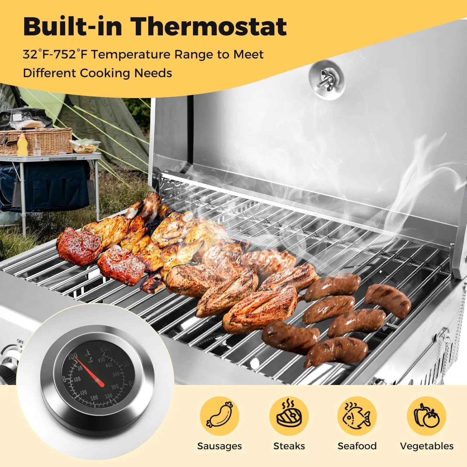 Stainless Steel Propane Grill with Lid for Outdoor Camping Tailgating Picnic Party-Silver by DirectDeals
