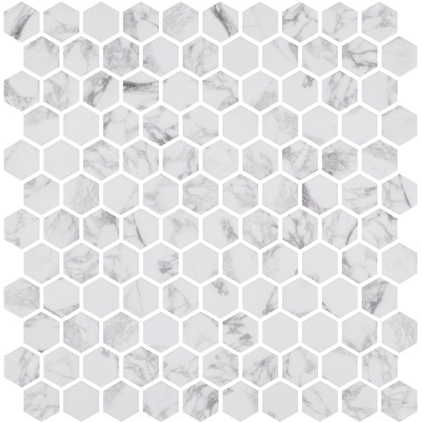 Statuario Honed Hexagon Glass Mosaics 11 3/4x11 1/2