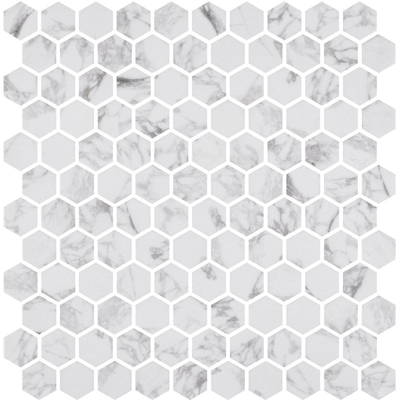 Statuario Honed Hexagon Glass Mosaics 11 3/4x11 1/2 Glass Honed 12x12 Mosaics