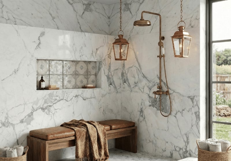 Statuario Honed Marble Slab Random room scene