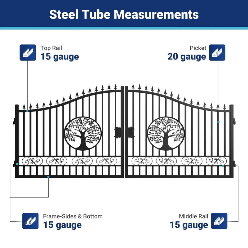 16x8 ft Steel Dual Swing Driveway Gate with Tree Pattern by Chery Industrial