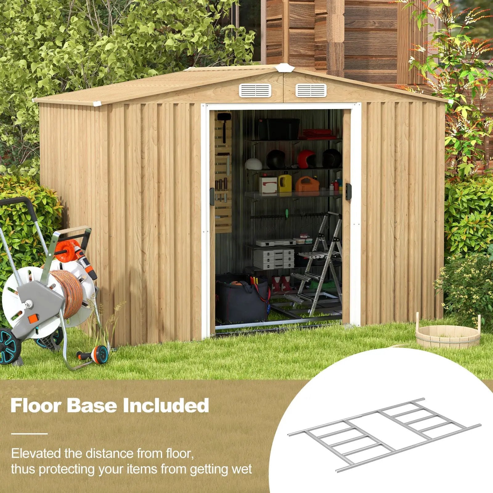 Weather Resistant Galvanized Steel Shed with Tilted Roof for Backyard Garden Patio Lawn-Natural by DirectDeals