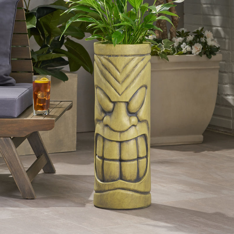 Stone Statue Urn Planter with Tiki Face Design - Antique Green, photo 2 of 10