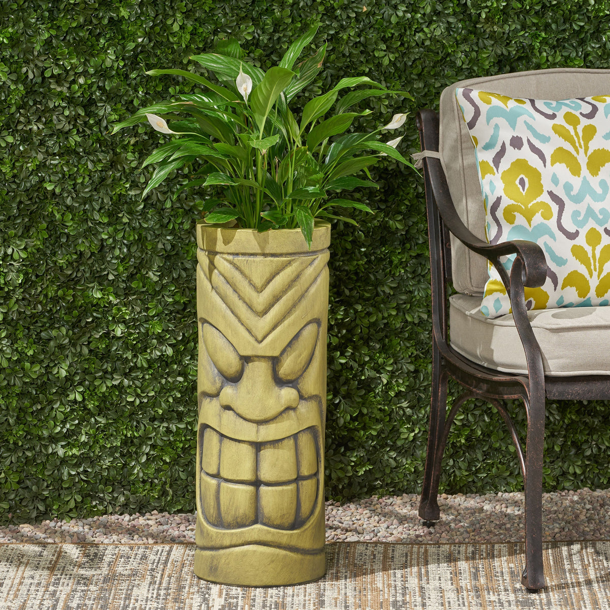 Stone Statue Urn Planter with Tiki Face Design - Antique Green, photo 3 of 10