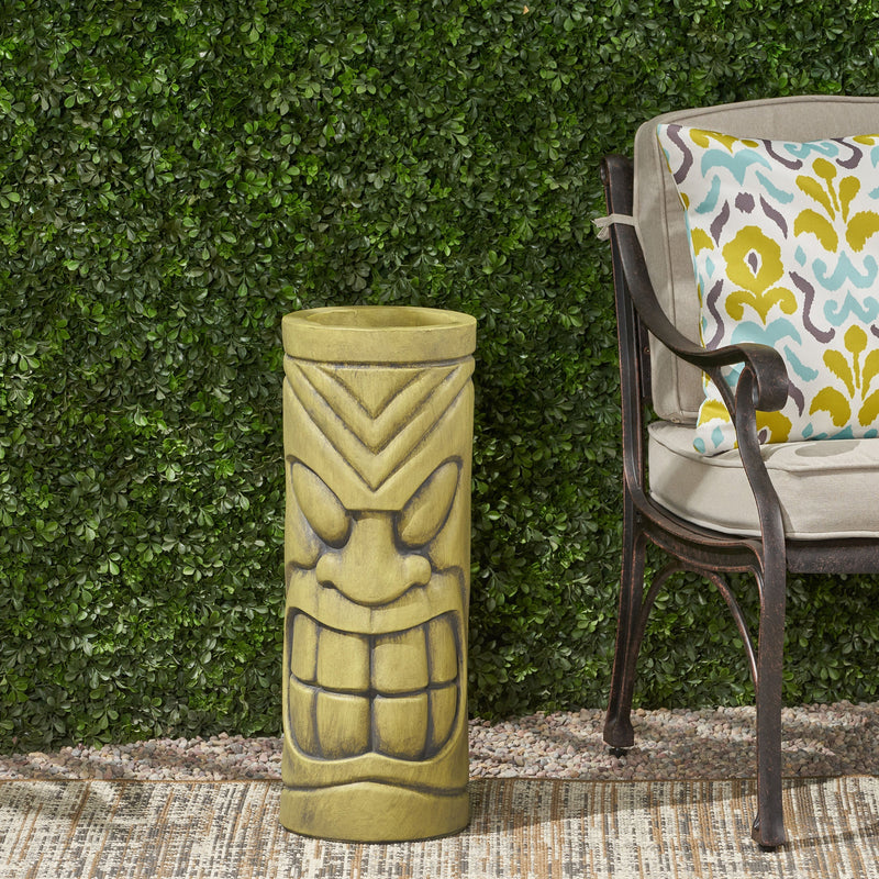 Stone Statue Urn Planter with Tiki Face Design - Antique Green, photo 4 of 10
