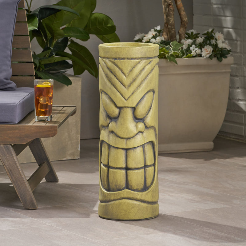 Stone Statue Urn Planter with Tiki Face Design - Antique Green, photo 5 of 10