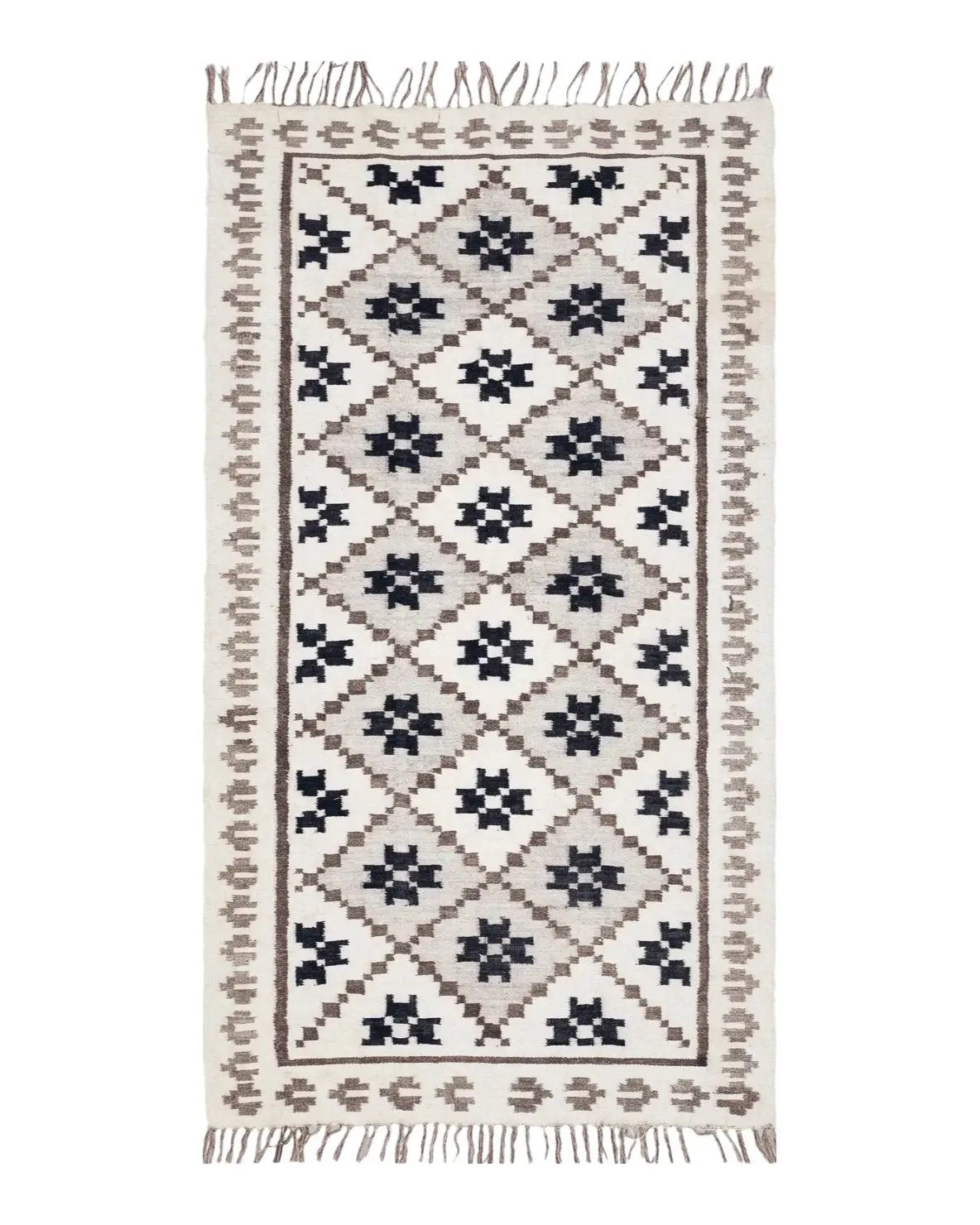 Semi Antique South American Blanket 4x8, Wool Hand-Woven Flatweave Kilim Rug, Handmade Antique Vintage Runner, Ivory & Blue, Diamond Panel by Jewel Rugs