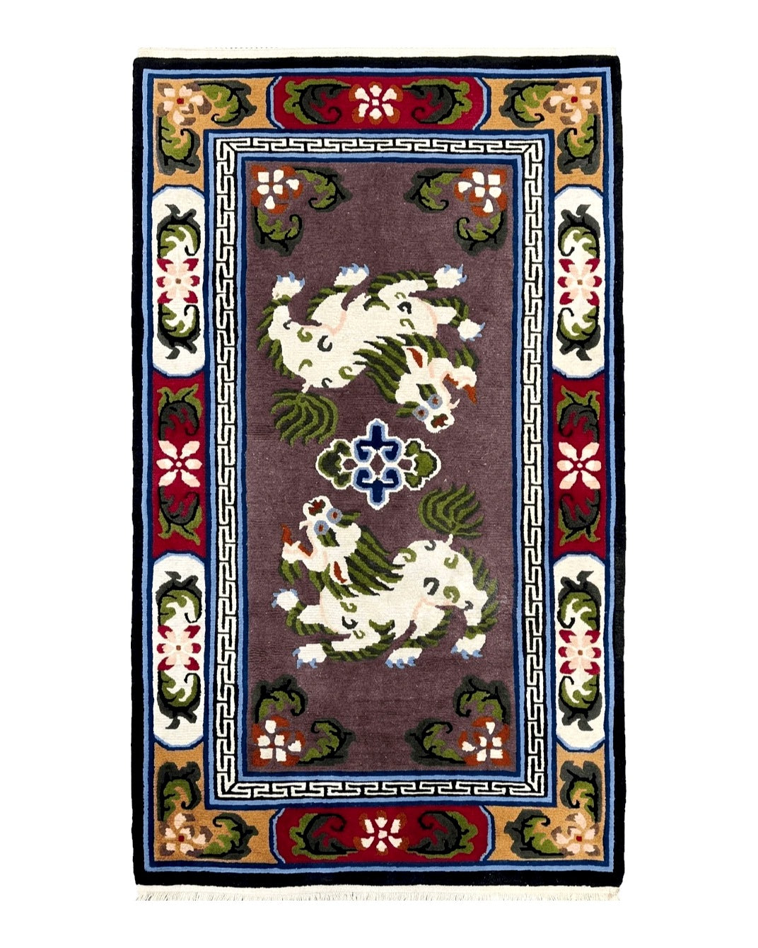 Chinese Art Deco Rug 3 x 5.5 with Animal Pictorials, Vintage Chinese Peking Wool Area Rug, Dark Puce Maroon Ivory, Hand Knotted Soft Carpet by Jewel Rugs